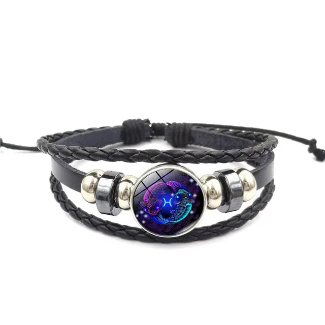 Pulseira de Couro Trançado com Constelação Zodiaca Unissex