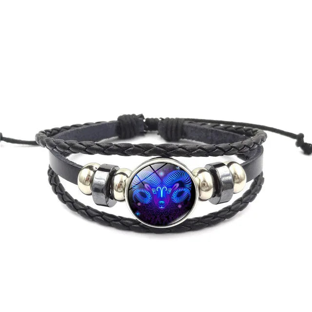 Pulseira de Couro Trançado com Constelação Zodiaca Unissex