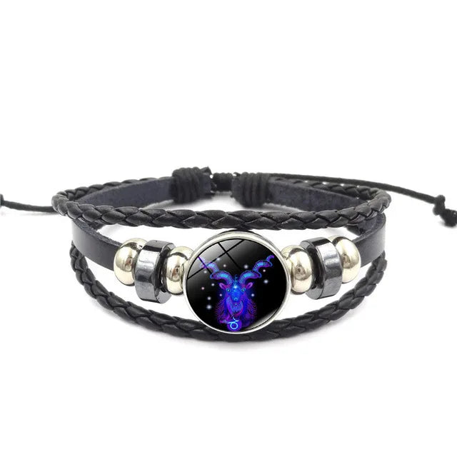 Pulseira de Couro Trançado com Constelação Zodiaca Unissex