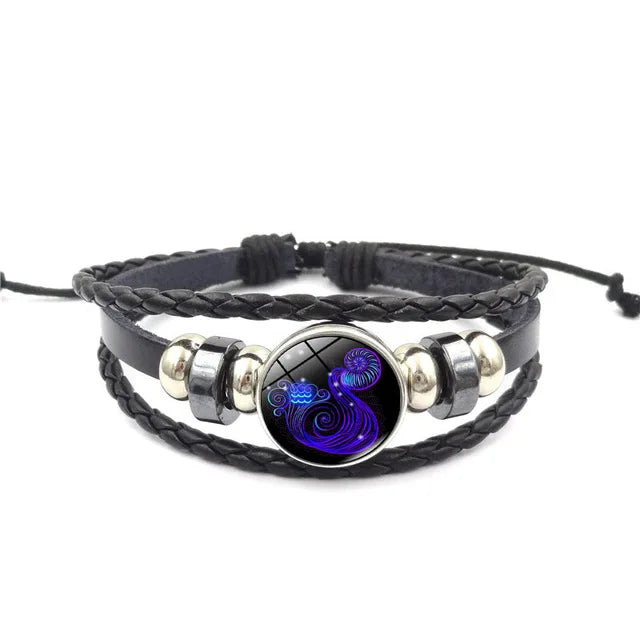 Pulseira de Couro Trançado com Constelação Zodiaca Unissex