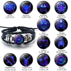 Pulseira de Couro Trançado com Constelação Zodiaca Unissex