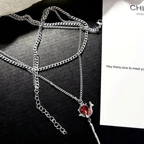 Colar Duplo Chama de Rubi com Zircônia Rosa Vermelha