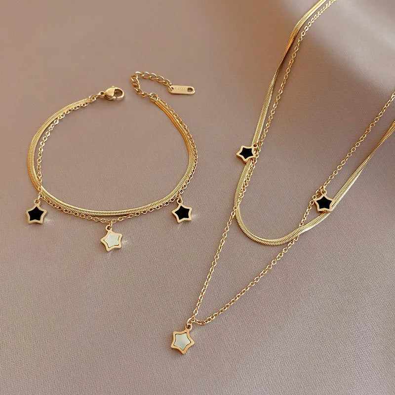 Conjunto Estelar Dourado Pulseira Aço Inoxidável 316L com Pingente de Estrela
