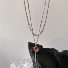 Colar Duplo Chama de Rubi com Zircônia Rosa Vermelha